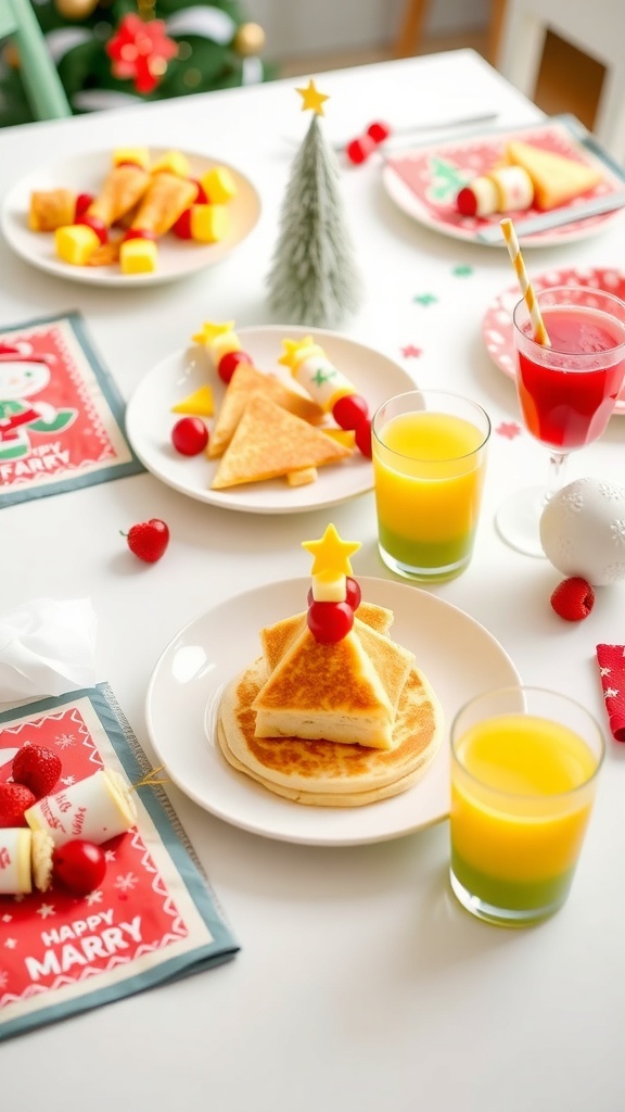 Festive Christmas Brunch for Kids A festive Christmas brunch for kids with pancakes, fruit skewers, and smoothies on a decorated table.